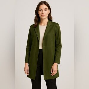 Premise Faux Suede Open Front Longline Coat Jacket L Olive Green Soft Minimalist
